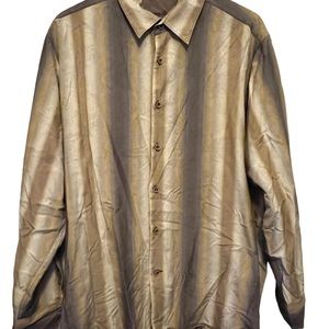 Tommy Bahama Button Up LS Shirt Brown Tan striped Mens size XL 100% silk